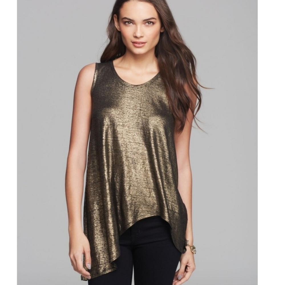 Eileen Fisher Gold Metallic Asymmetric Organic Linen Tunic Mob Wife Top Sz XS